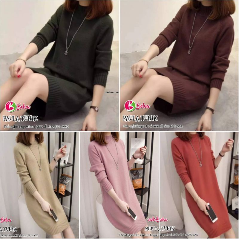 PAULA TUNIK BY BELVA LONG SWEATER RAJUT IMPORT HALUS TEBAL