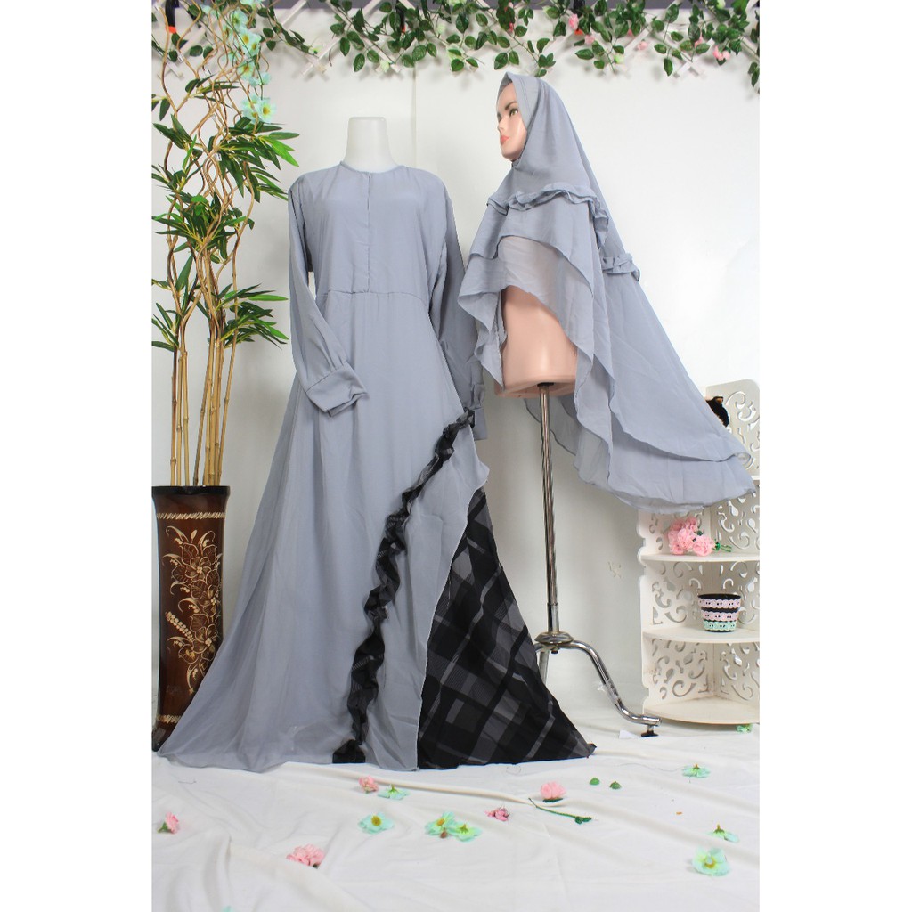 GAMIS SET KHIMAR ceruty babydoll motif LAYLA muslim wanita terbaru lebaran