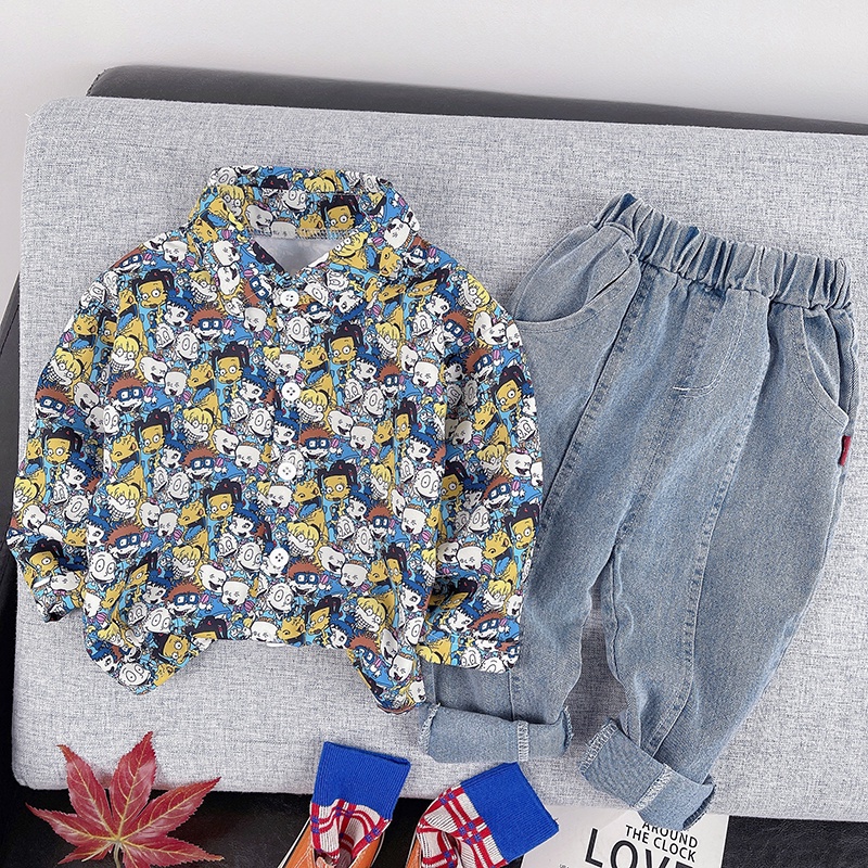  setelan kemeja anak laki laki import kemeja anak cowok impor motif karakter celana panjang denim fashion import grosir impor-1