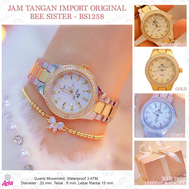 JAM TANGAN WANITA WATERPROOF IMPORT BEE SISTER BS1258 QUARTZ/JAM TANGAN STAINLESS