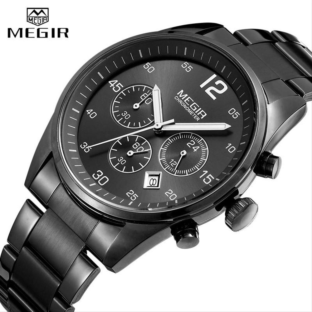 Promo Original MEGIR Semua arloji kuarsa bisnis baja Megir 2010 Hitam Quartz Jam Tangan Pria Murah
