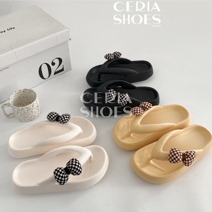 EVA Sandal Jepit Wanita Korean Slippers Spons Super Soft Elatsic Ringan Bahan Lembut Tebal Sol Anti Slip Motif Pita Bantal Balance