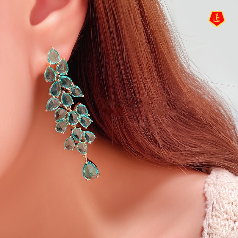 [Ready Stock]18K Gold Exaggerated Emerald Leaves Tassel Earrings