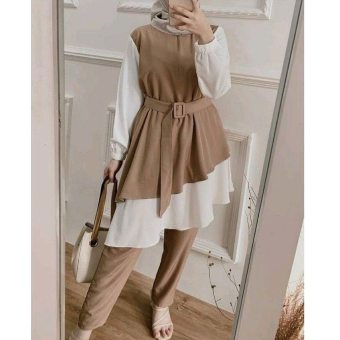 ONE SET JUMBO XXL - STANDART L / XL - ONE SET NIKEN SET / SETELAN WANITA ONE SET DAILY SET TUNIK  FASHION WANITA-ZAZA MOCA