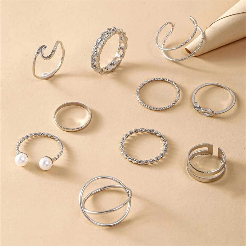 10pcs / Set Cincin Model Terbuka Bahan Alloy Desain Geometri Asimetris + Mutiara Gaya Trendy / Simple Untuk Wanita