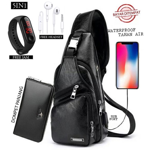 TANMESSO 5in1 BAYAR DITEMPAT- JAM LED -HEADSET- DOMPET -USBPORT -TAS WATERPROOF-BAHAN INTERPILAR SENDIRI LEMBUT DAN TEBAL MENGANDUNG 70%COTTON BUKAN PARASUT ATAU KANVAS SEPERTI YANG BEREDAR DIPASARAN-TAS SELEMPANG PRIA-SLING BAG PRIA