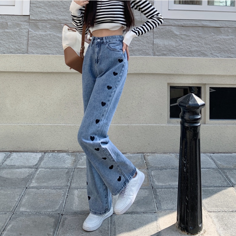 korea style Boyfriend Jeans highwaist loose celana kaki lebar lurus heart embroidery jeans wanita celana jeans