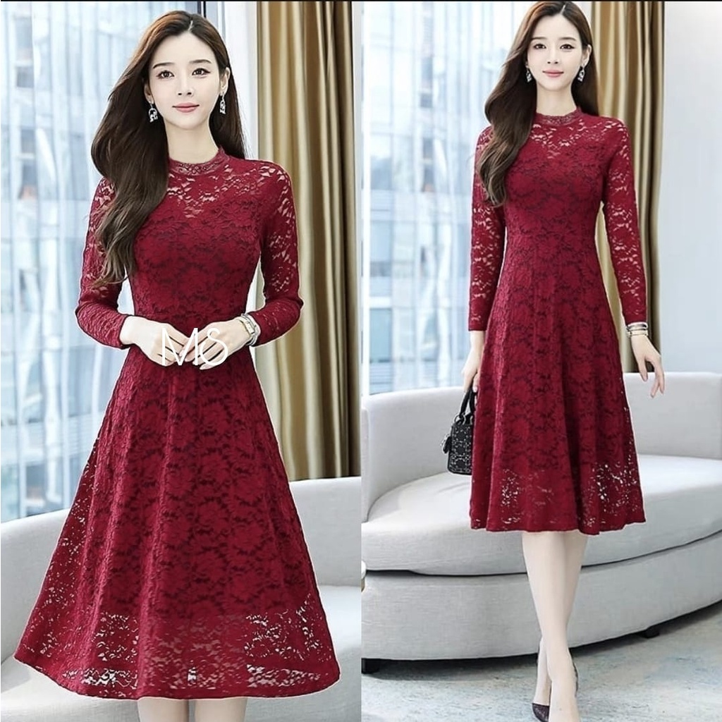 Baju dress brukat natal wanita terbaru 2021 midi dress pesta remaja kondangan party dress modern can