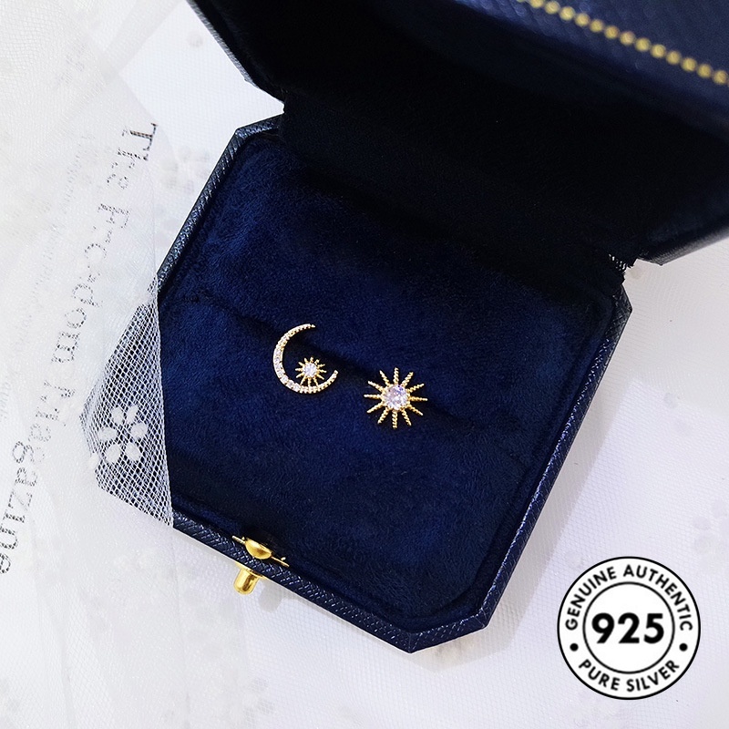 Anting Tusuk Sterling Silver 925 Desain Bintang / Bulan Hias Berlian Imitasi Elegan Untuk Wanita