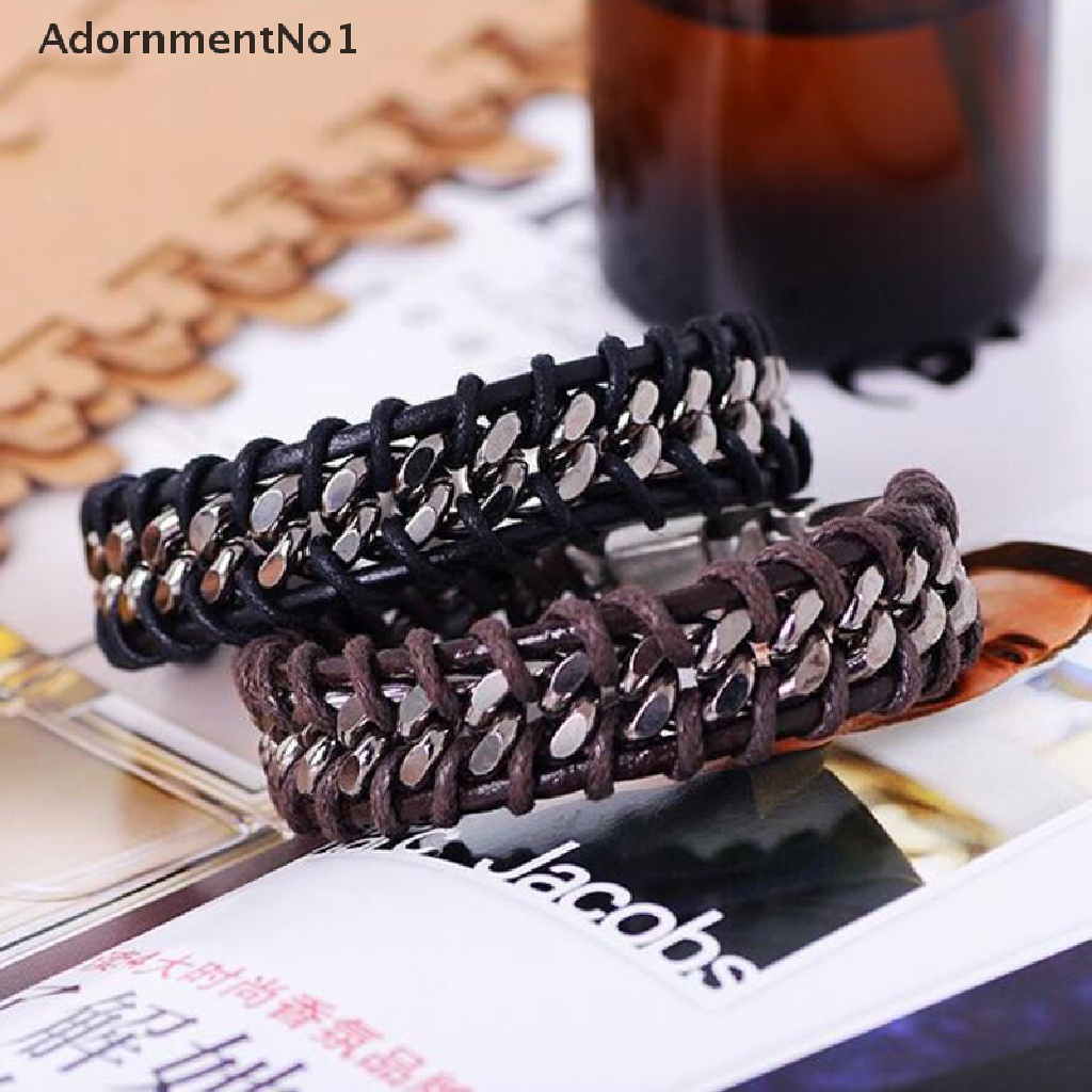 (AdornmentNo1) Gelang Bangle Kulit Pu Multisusun Gaya Vintage Punk Untuk Pria