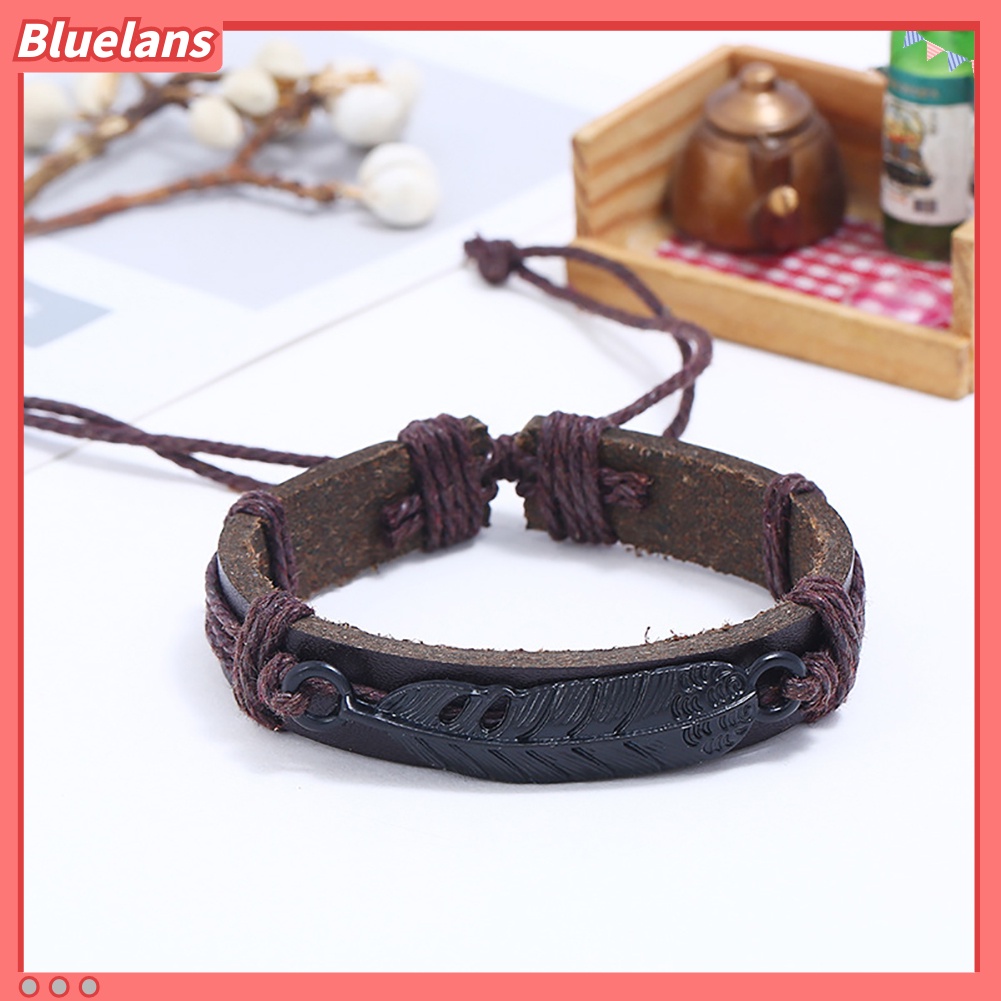 Bluelans Men Faux Leather Feather Adjustable Rope Braided Bracelet Wristband Jewelry