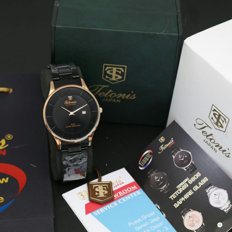JAM TANGAN PRIA TETONIS 6606 DATE RANTAI STAINLESS STEEL KACA SHAPPIRE