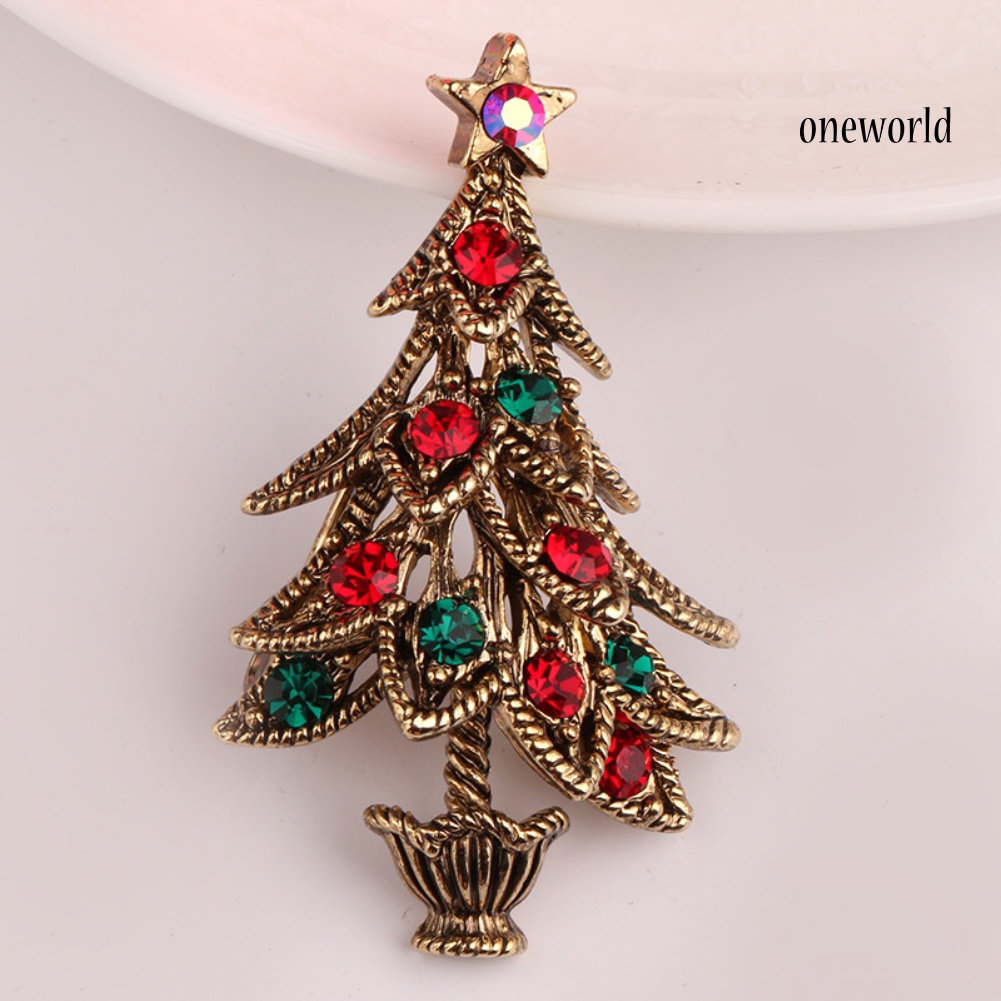 OW@ Vintage Women Rhinestone Inlaid Christmas Tree Brooch Pin Lapel Clip Xmas Gift