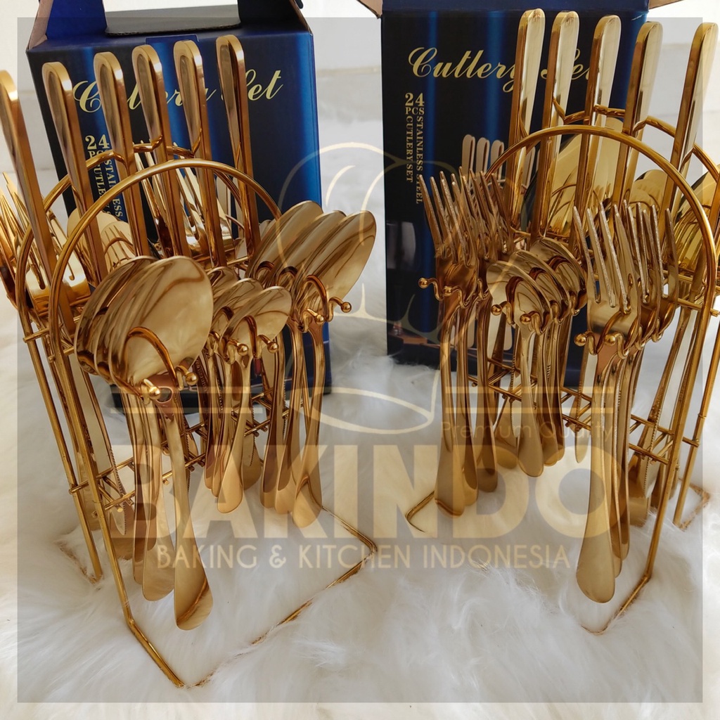 Kingsbakeware SENDOK STAINLESS GOLD SILVER ELEGAN / 6 SET ISI 24 PCS LENGKAP DENGAN RAK STAINLESS