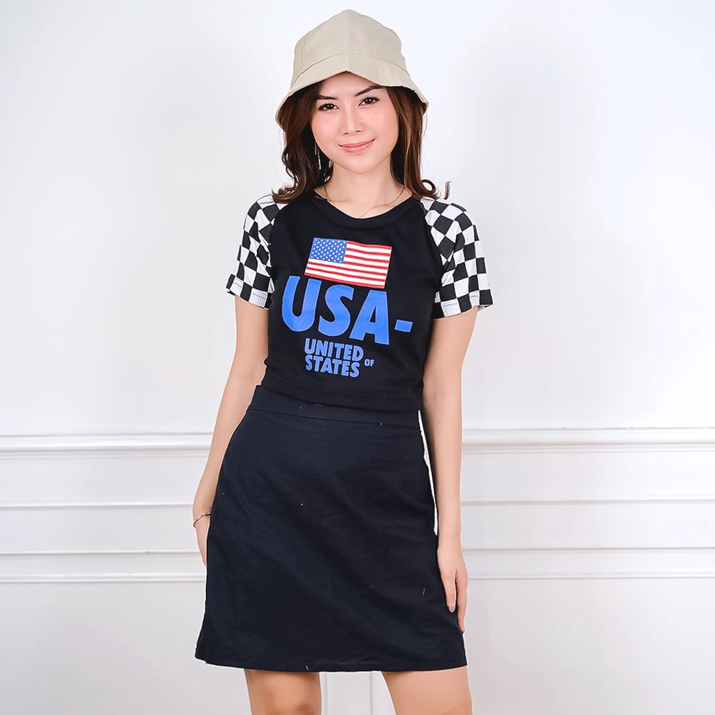 Tq88indonesia Fashion Baju  Crop Kaos Wanita Terbaru / USA Crop Top RIB / Tshirt Wanita Lengan Kimono / Baju Kasual Wanita / Baju Santai Cewek / Baju  Wanita Lengan Reglan