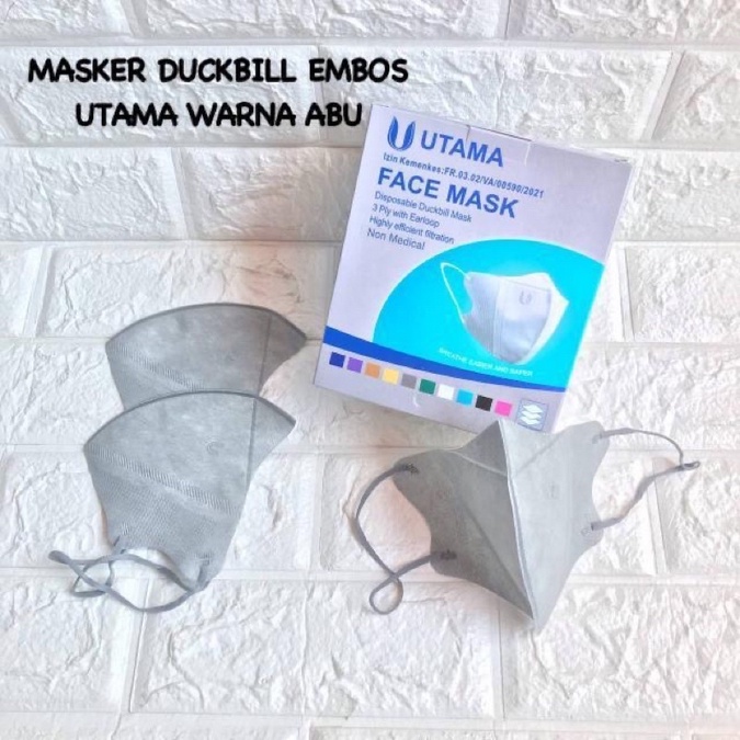 MASKER DUCKBILL EMBOS UTAMA WARNA ABU , HIJAU BOTOL , GOLD 1BOX 50PCS