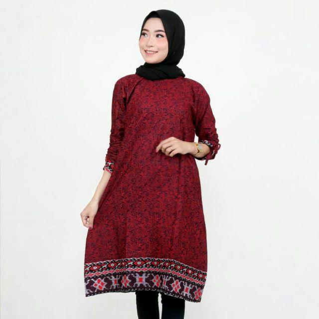 Batik Couple keluarga Maura Couple Sania Ruffle Ori Ndoro Jowi dnt Termurah motif mega mendung merah-Tunik