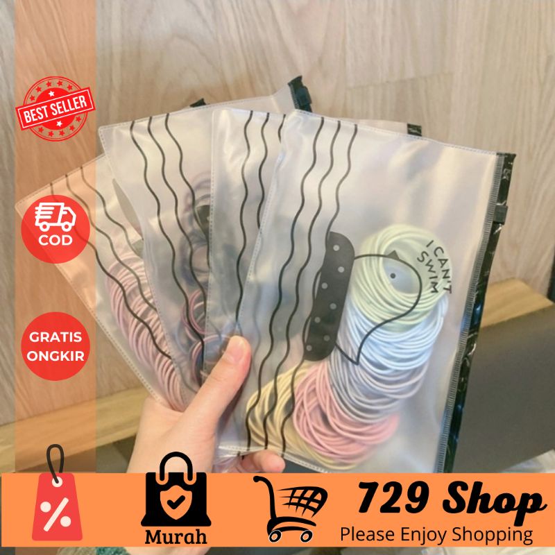 [isi 100] Karet Rambut &amp; Gelang Hitam Polos Korea Lingkaran Besar 4,5 cm dan Tebal Elastis bonus Tas
