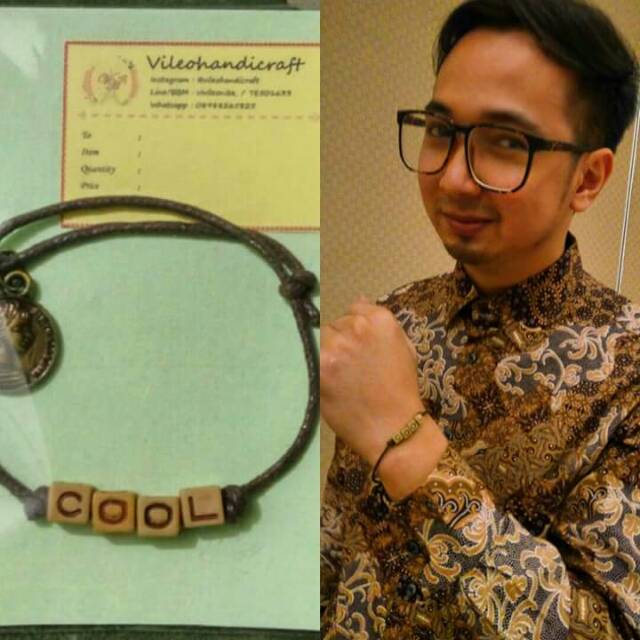 Gelang Nama Motif Kayu Charm Koin | Gelang Custom Handmade