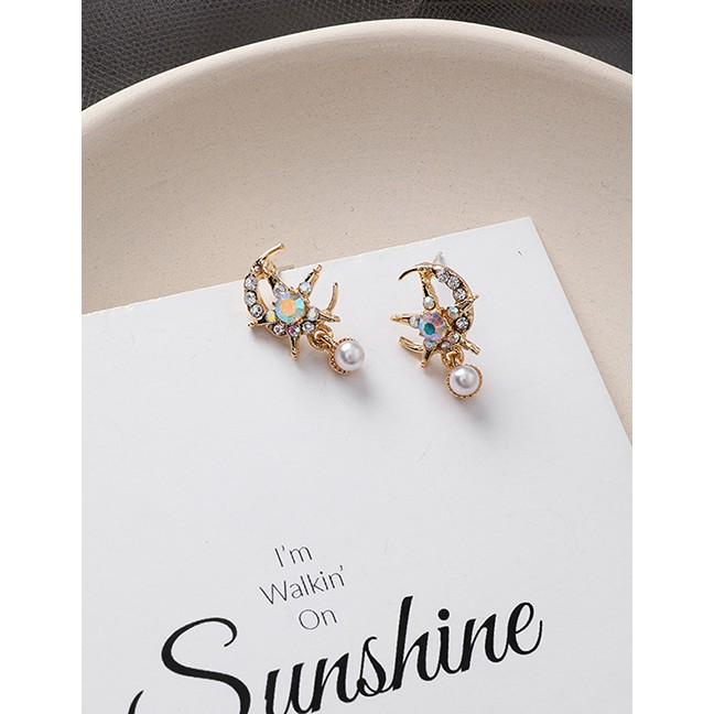 LRC Anting Tusuk Fashion Gold 925 Silver Needle Rhinestone Star Moon Stud Earrings D24604