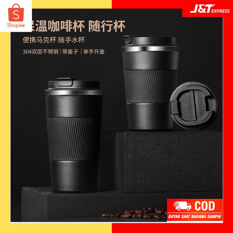 Botol Minum Kopi Tumbler Thermos 380ml Hitam Aesthetic Stainless -Botol Tumblr Travel Tahan Panas Te