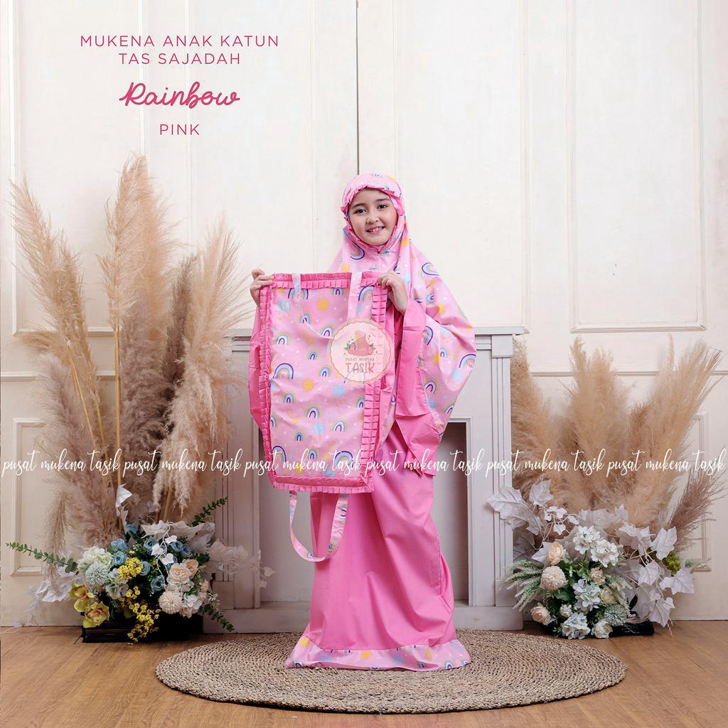 PUSAT MUKENA TASIK - MUKENA ANAK KATUN MOTIF RAINBOW PINK (TAS BULAT &amp; TAS SAJADAH)