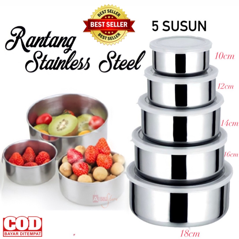 ( BISA COD ) PROMO RANTANG STAINLESS STEEL 5 SUSUN / TEMPAT MAKANAN RANTANGAN SUSUN / TEMPAT PENYIMPANAN MAKANAN FOOD GRADE