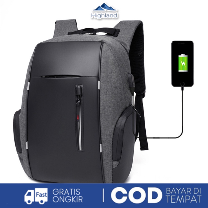 Highland Tas Ransel Pria Kasual Anti Air Waterproof Backpack Tas Laptop 15.6Inc dengan USB Charger Port TR209