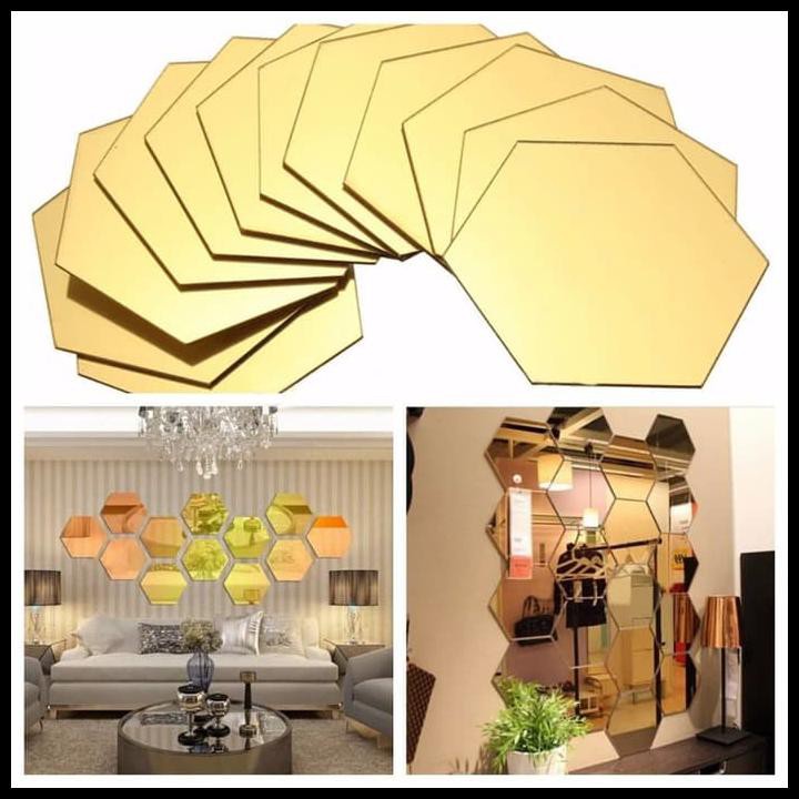 Sticker Dekorasi Dinding Kamar Rumah Kafe 3D Model Square / Hexagon Mirror Acrylic Kaca Akrilik Aesthetic Wall Decoration Stiker Cermin Dekorasi Silver / Gold - 1 PCS