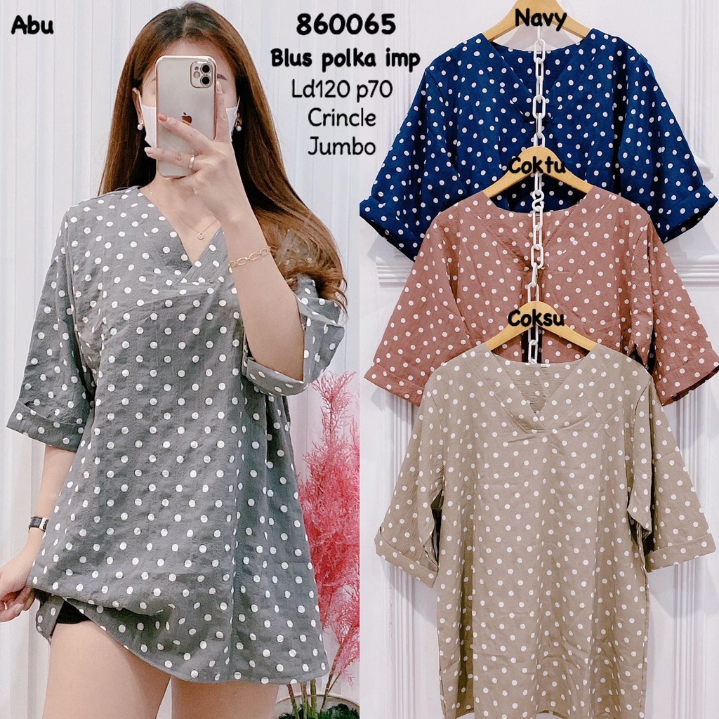 860065 BLOUSE POLKADOT ABU NAVY COKTU COKSU LD 120CM CRINLE IMPORT PREMIUM QUALITY