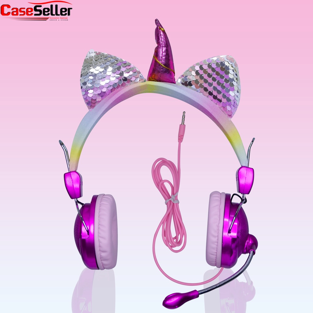 Headphone Unicorn OS Diamond + Mic Candy Glitter Bando Glamor Headset Anak Headphone Bass Lucu Bertanduk CaseSeller