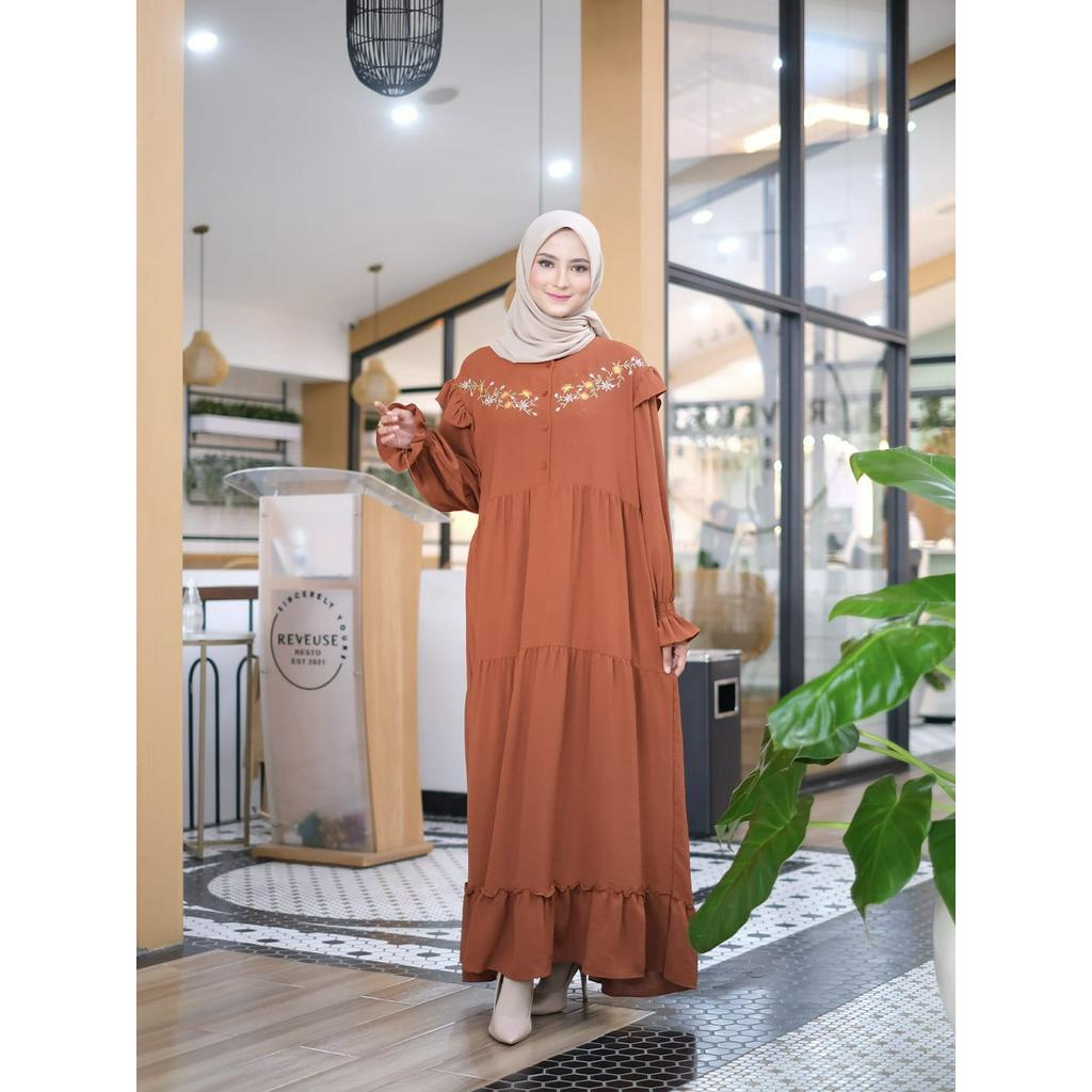 Nabila Dress Bordir - Dress Korean Style - Dress Kondangan - Dress Wanita - Gamis Crinkle Airflow Premium Semi Rempel Kancing Depan