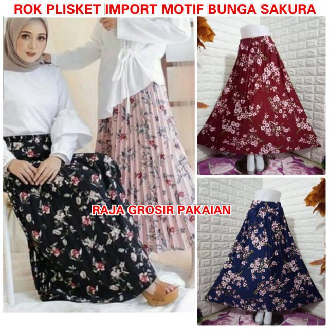 Rok Plisket Import Motif Bunga Sakura Premium