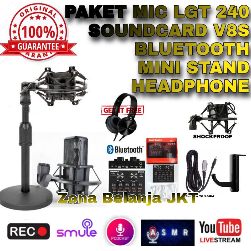 PAKET MIC CONDENSER MIKROFON LGT 240 LGT240 SOUNDCARD V8 PLUS BLUETOOTH RECORDING PODCAST LIVE KARAOKE