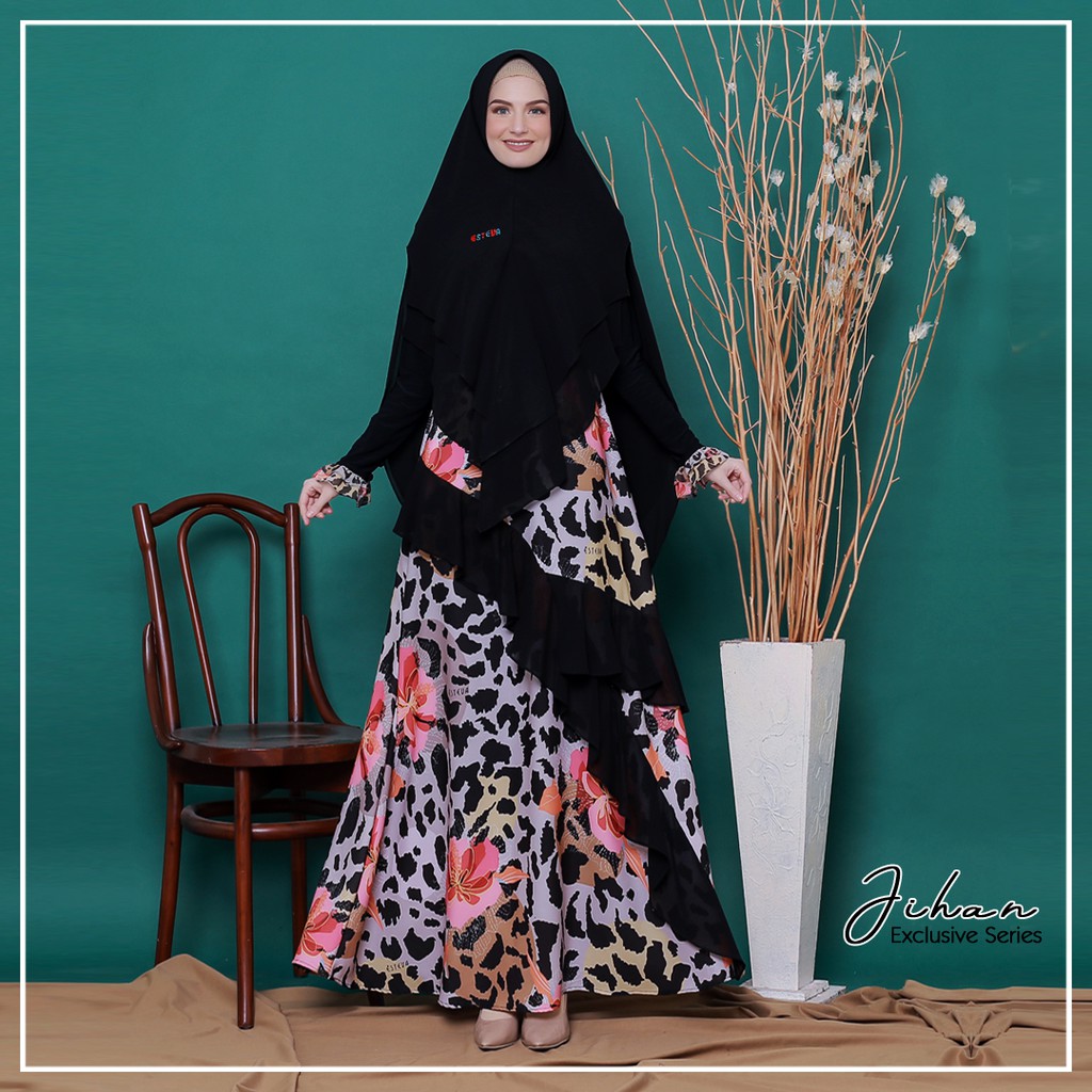 JIHAN EXCLUSIVE SERIES BAJU GAMIS SYARI SET PRINTING KHIMAR CERUTY BABYDOLL BY ESTEVA