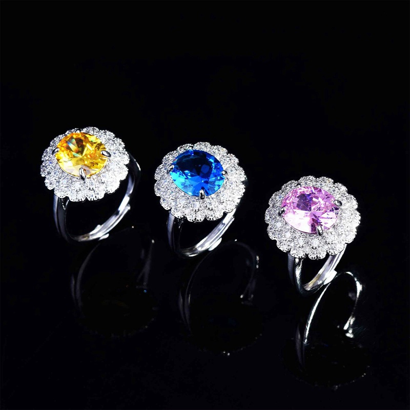 Fancyqube Cincin Silver 925 Hias Batu Zircon Oval Warna Pink / Kuning / Biru Untuk Wanita