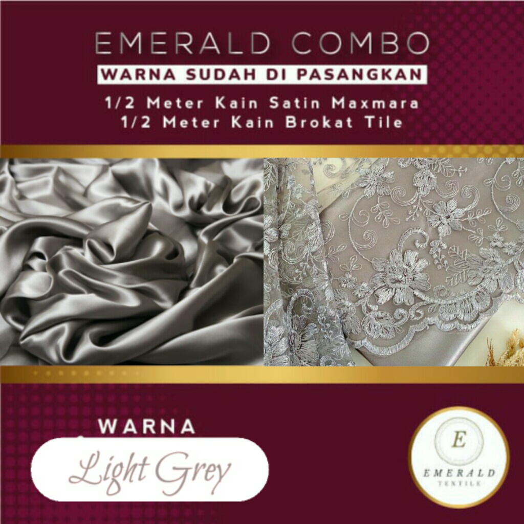 COMBO 1/2 Meter Kain Brokat Tile Motif Lily + 1/2 Meter Furing Satin Maxmara Silk Premium By Emerald Textile