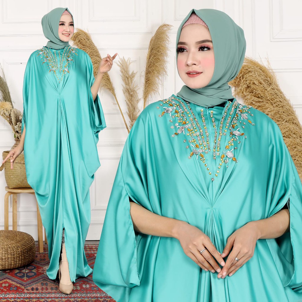 HOPYLOVY Kaftan Wanita Kombinasi Permata Mewah Halimah / Baju Lebaran 2021 Kekinian