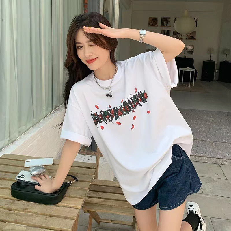 kaos wanita retro oversize lengan pendek printed T-shirt kemeja wanita putih