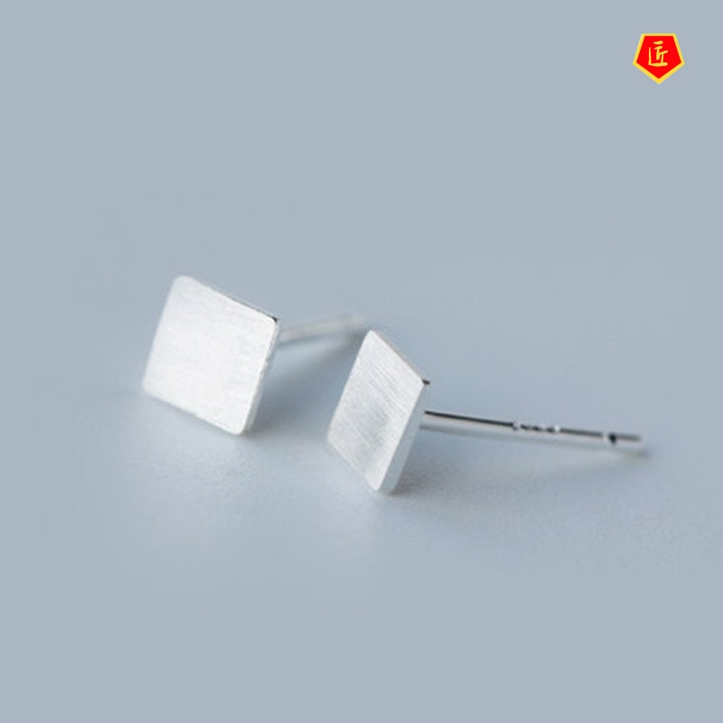 [Ready Stock]Silver Simple Brushed Square Ear Studs Women's