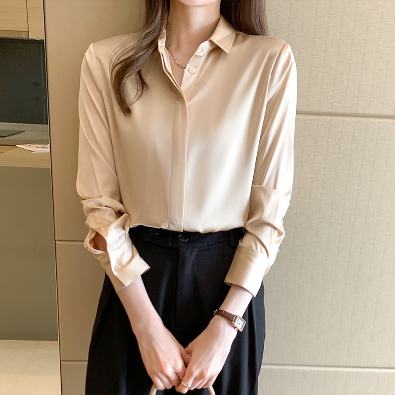 Red Purple Black White Grey Fashion Korea Style OL Work Shirts Lengan Panjang Blus Wanita Musim Panas Casual Blouse Warna Atasan kemeja