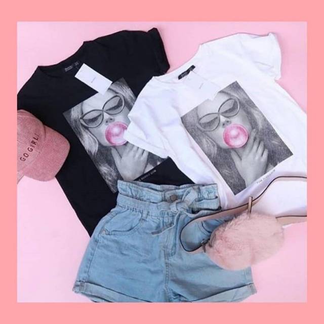 Fourfashion Kaos Wanita BUBBLE GUM bahan spandek T-shirt Tumblr Tee Wanita Hitz Ala 8TEEN SIZE M