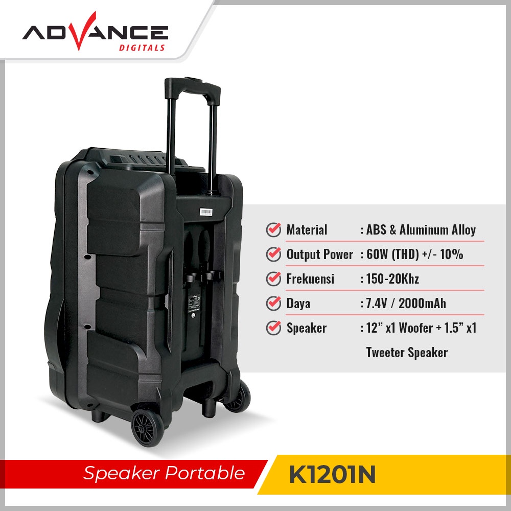 Advance K1201N Wireless Speaker Portable 12 inch With Free 1 Mic Wireless Garansi 1 tahun