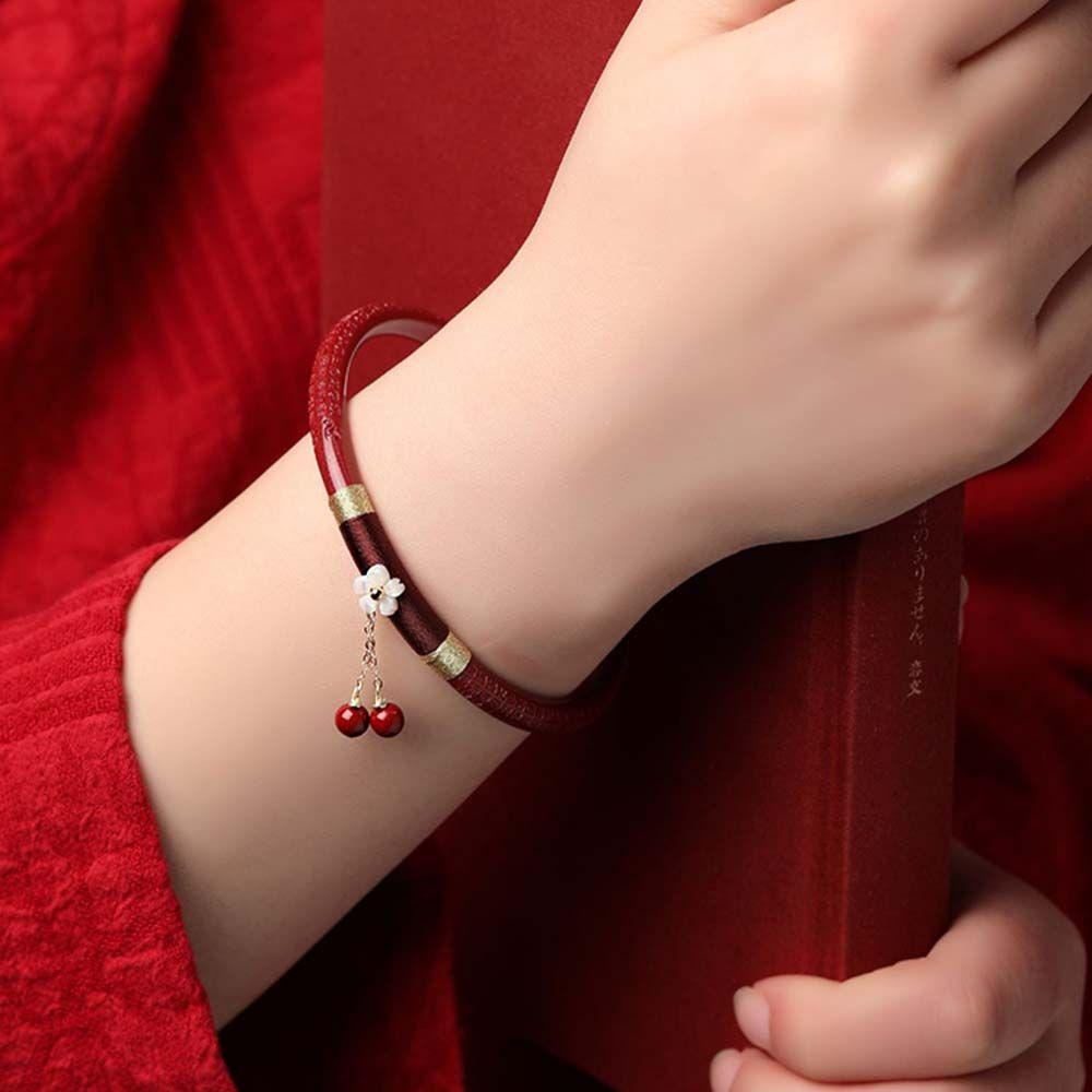 Mxbeauty Vermilion Merah Gelang Mewah 2 Pcs/Set Bunga Gaya Nasional Natal Tahun Hadiah Gaya Cina Perhiasan Gadis Wanita Bangles