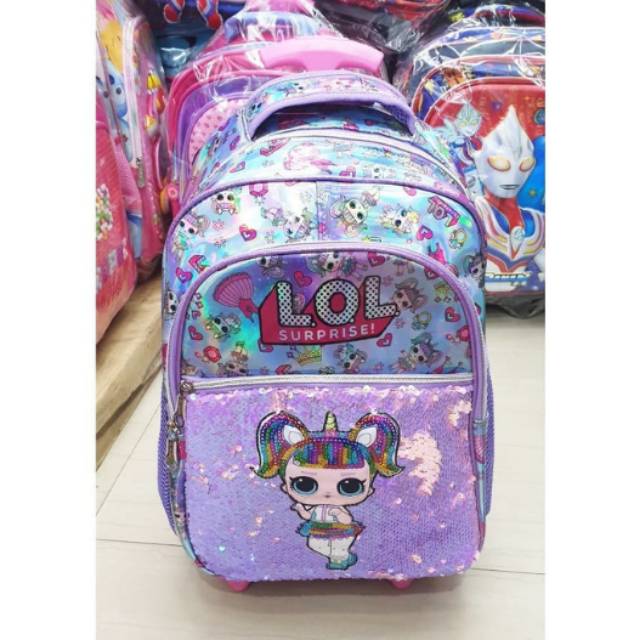 TAS TROLLEY ANAK SD HOLOGRAM SEQUIN USAP MATA LED LOL TANDUK UNGU MUDA IMPORT