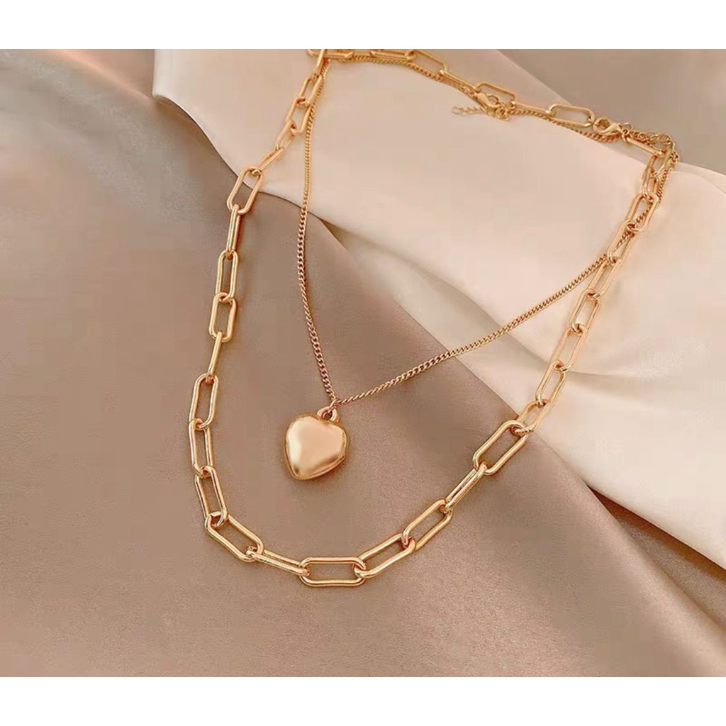 KALUNG RANTAI CHOCKER GAYA FASHION KOREA HIP HOP TITANIUM WARNA GOLD ROSEGOLD SILVER A IMPOR DOUBLE CHAIN WITH HEART LOVE