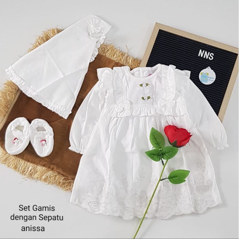 Baju Muslim Gamis Aqiqah Bayi Perempuan Newborn Putih 0-4 Bulan