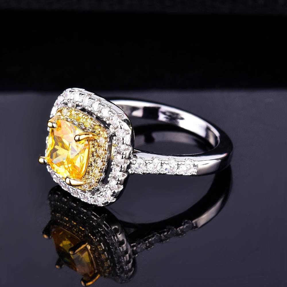 925 Perak Kuning Berlian Perhiasan Wanita Cincin Pertunangan Berlian Persegi Cincin