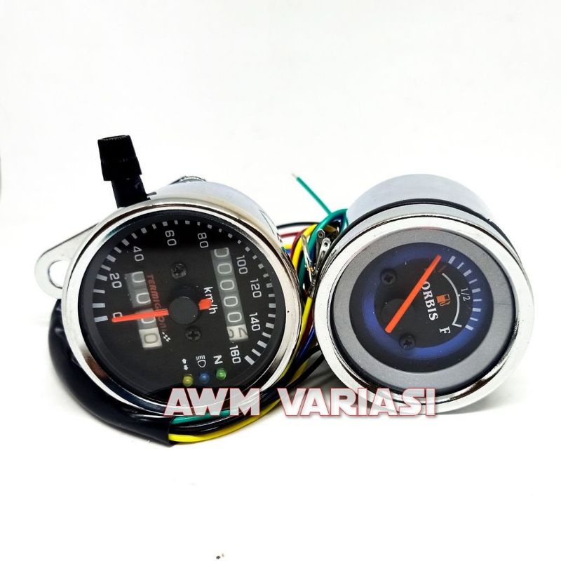 [1 PAKET]SPEEDOMETER KILOMETER + AMPERE AMPER BENSIN  VARIASI UNIVERSAL SEMUA MOTOR BODY CROME