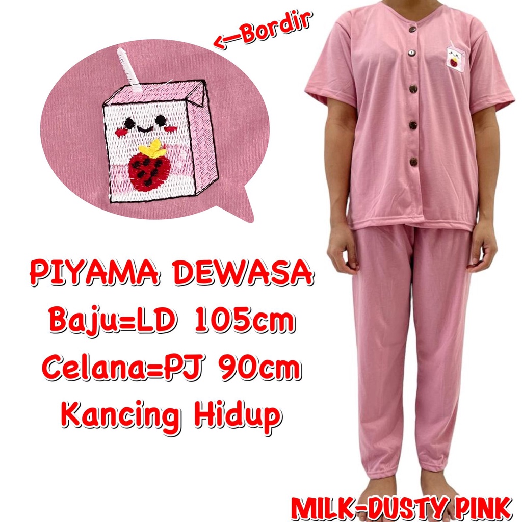 (1 KG MUAT 3 STEL) BAJU TIDUR DEWASA PEREMPUAN PIYAMA KAOS CP KANCING BORDIR